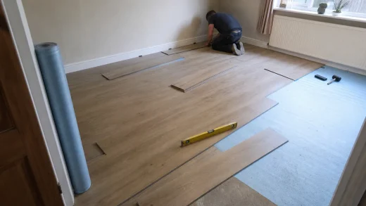 Halvfärdig golvläggning i vardagsrum där en person lägger laminatgolv, exempel på vanliga fel vid att lägga golv
