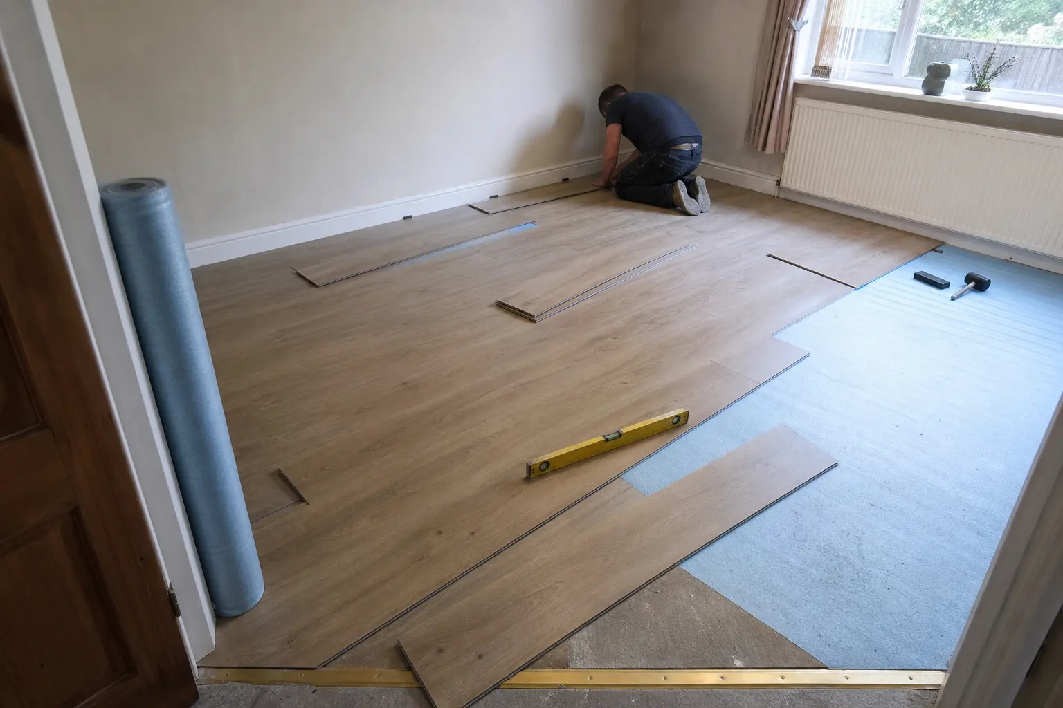 Halvfärdig golvläggning i vardagsrum där en person lägger laminatgolv, exempel på vanliga fel vid att lägga golv
